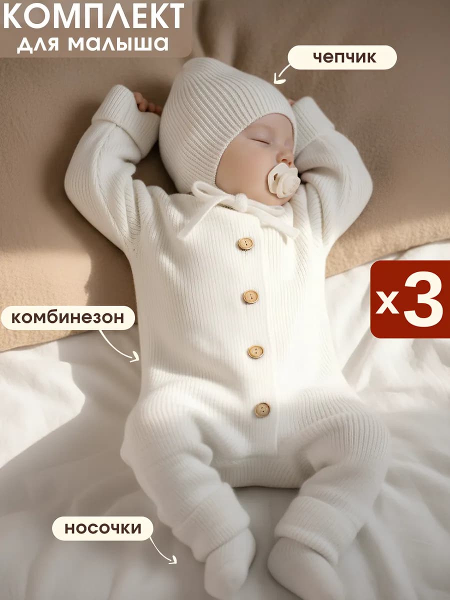 Вязаный комбинезон для новорожденных комплект на выписку