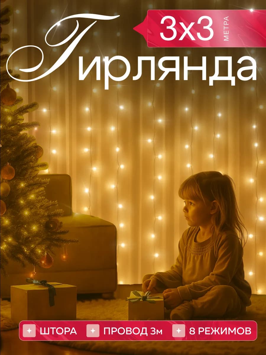 Гирлянда штора 3х3 желтая новогодняя занавес на окно