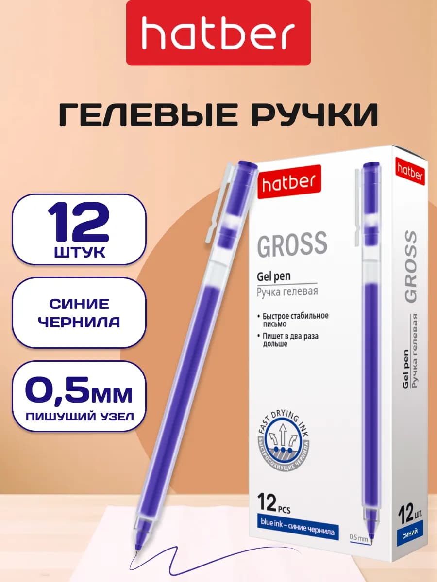 Ручка гелевая синяя 12 штук толщина линии 0,4мм