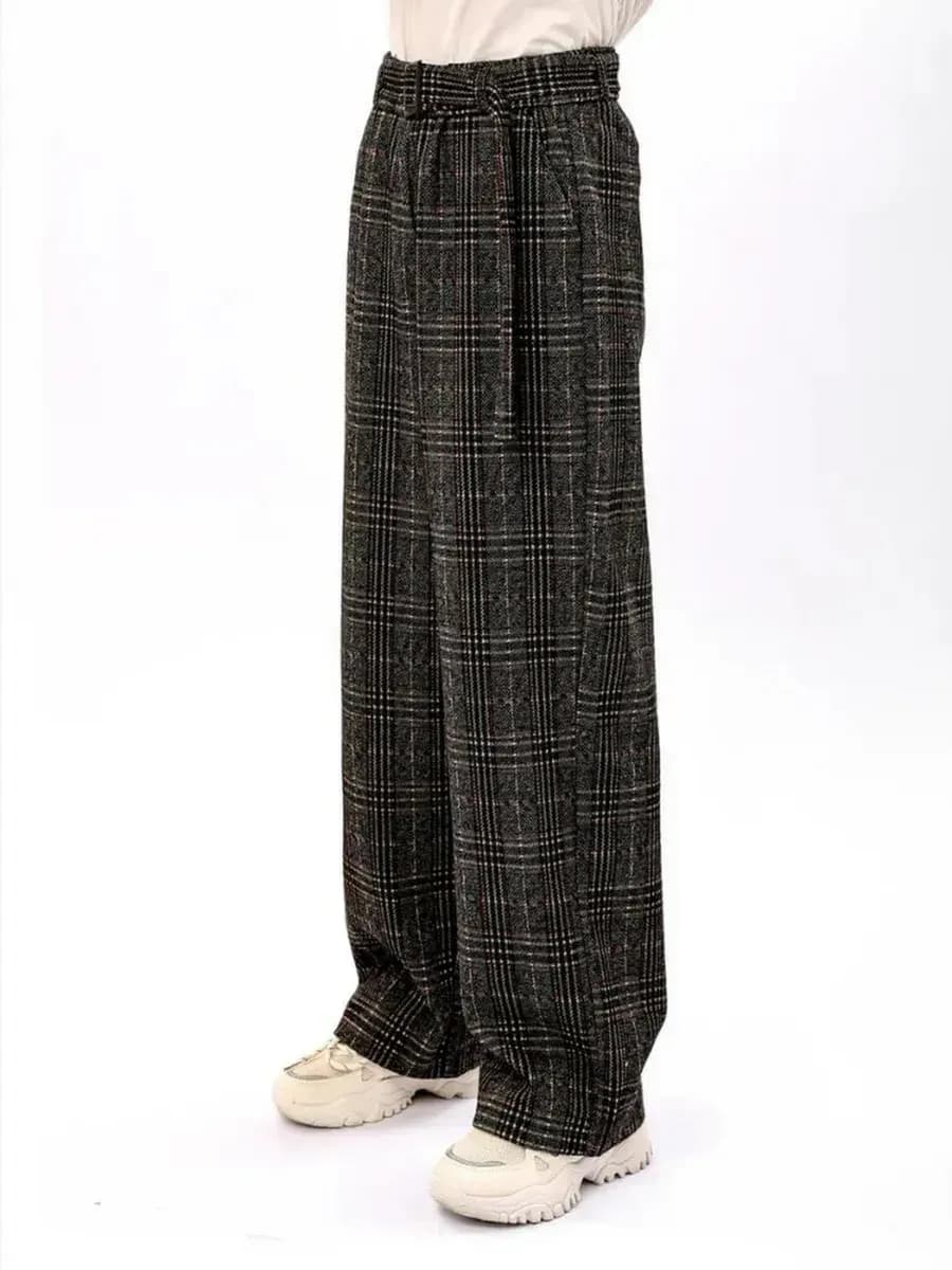 Теплые брюки в клетку школьные на резинке