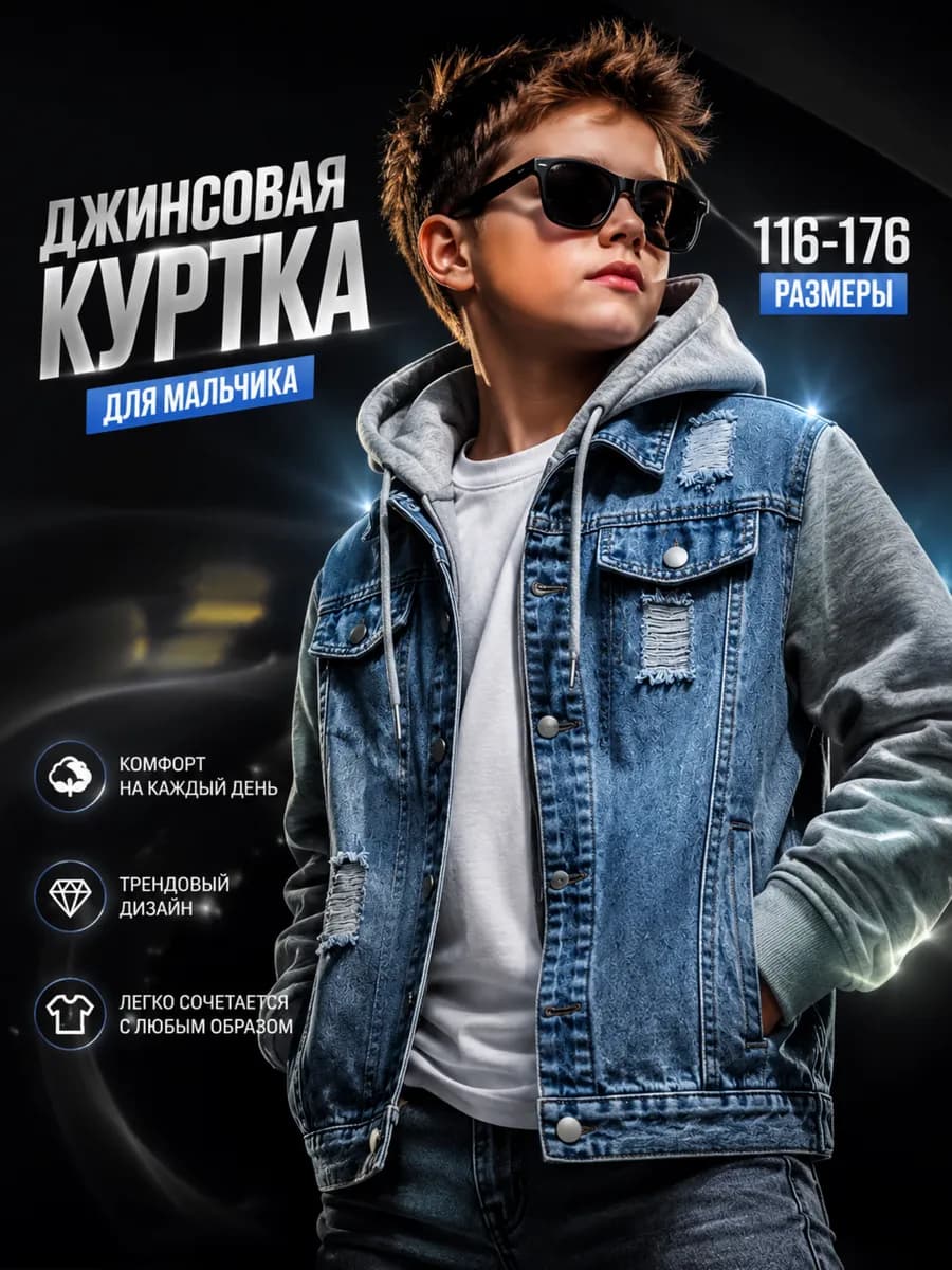 Джинсовая куртка детская с капюшоном