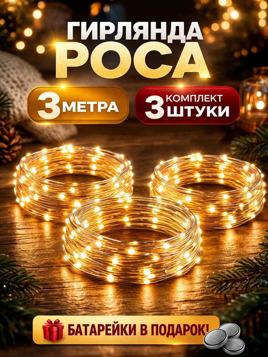 Гирлянда на батарейках роса мини 3 метра 3 штуки