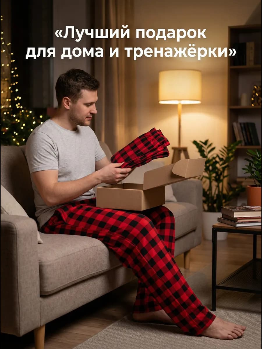 Штаны домашние трикотажные пижамные хлопковые в клетку