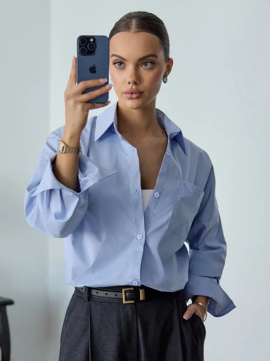 Голубая рубашка оверсайз офисная и в школу блузка