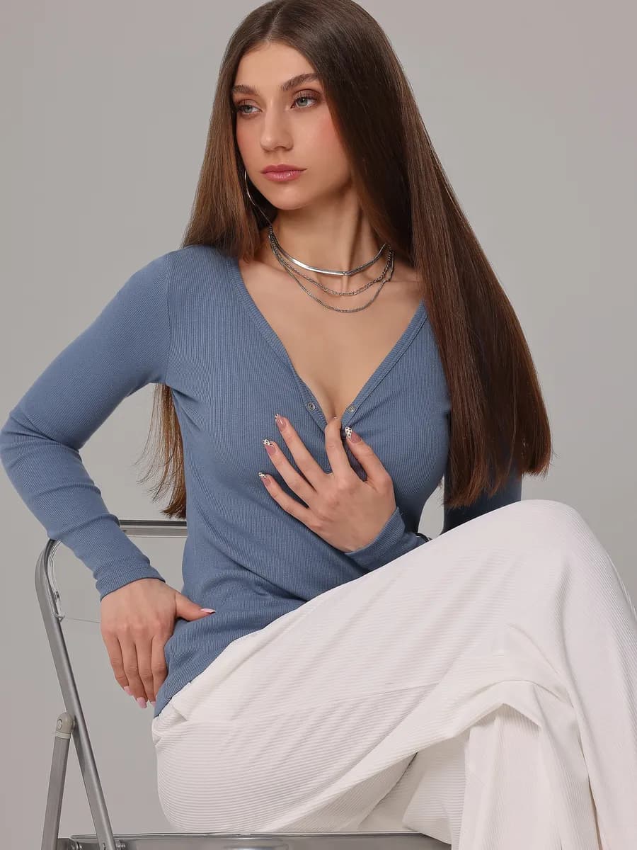 Джемпер в рубчик облегающий лонгслив с кнопками