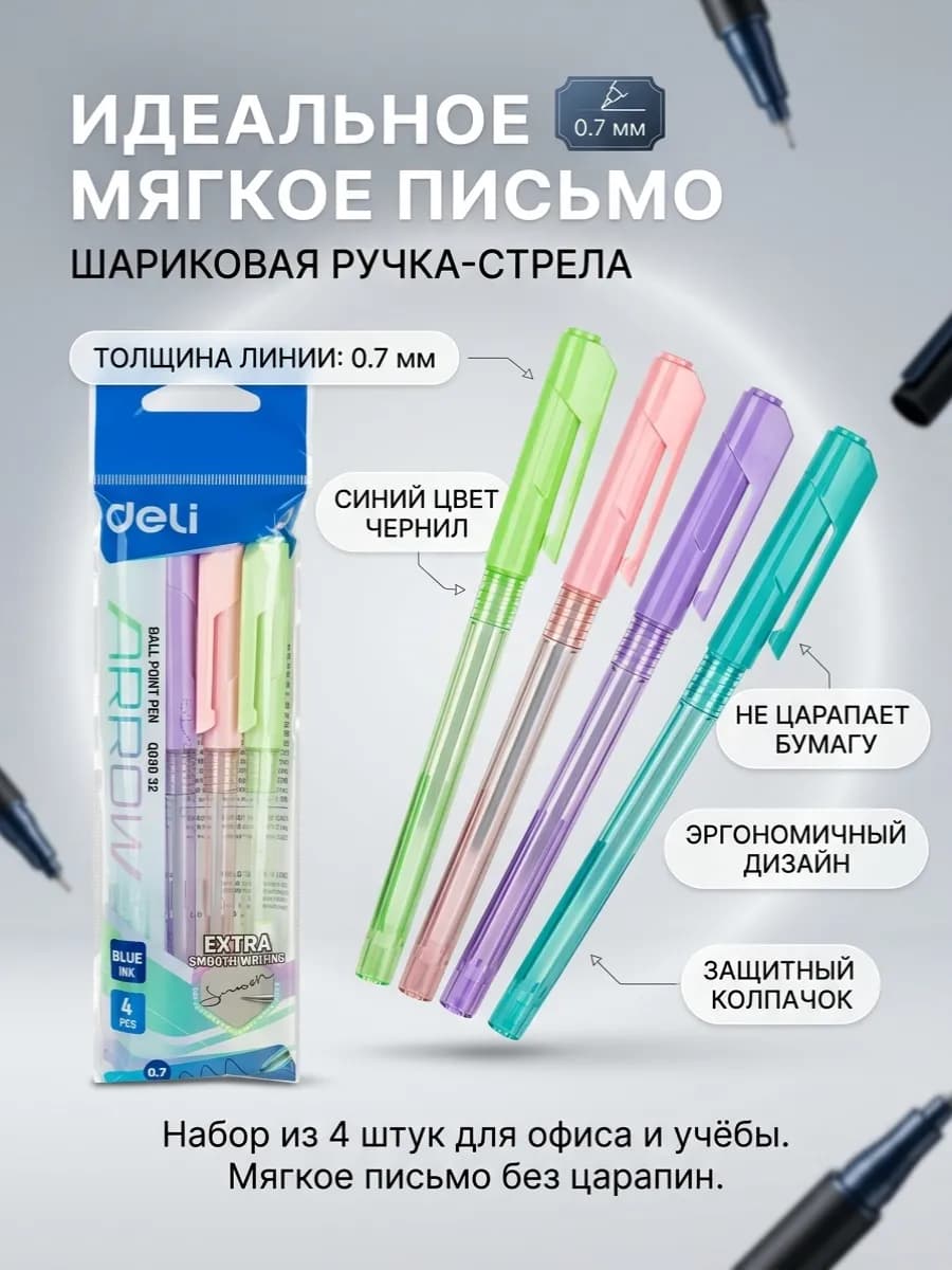 Ручки шариковые синие 4 штуки с колпачком