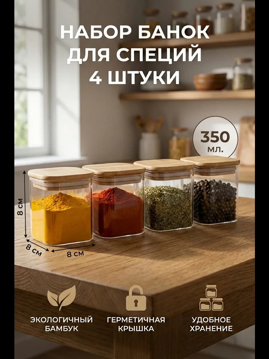 Банка для сыпучих продуктов, набор 4 штуки