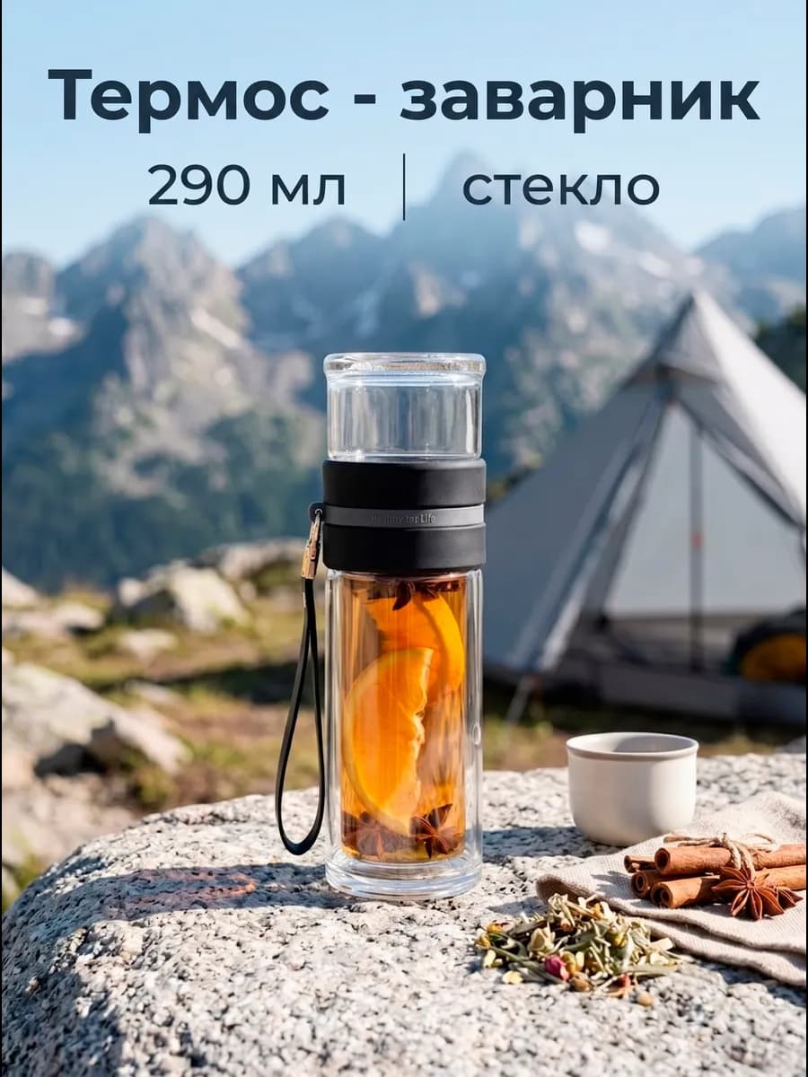 Термос для чая 290 мл стеклянный с ситом