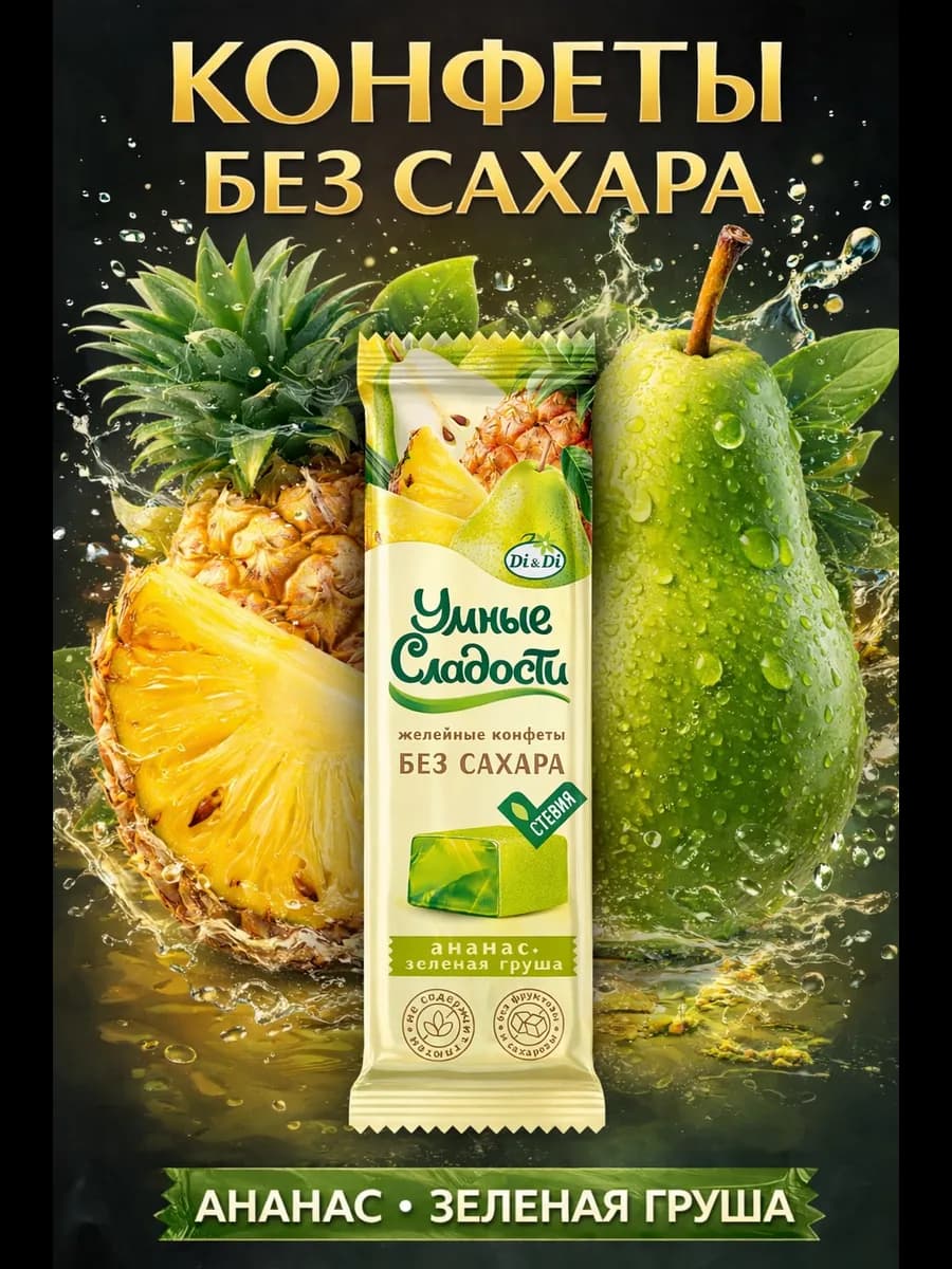 Конфеты без сахара со вкусом ананас-зеленая груша, 90г