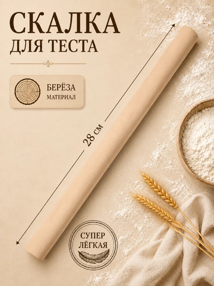 Скалка для теста деревянная прямая, 28 см