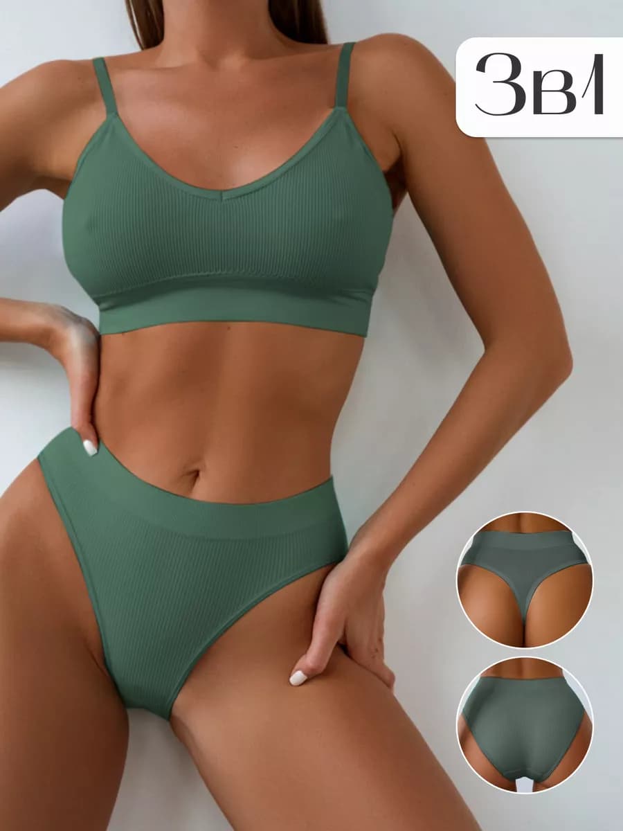 Нижнее белье комплект спортивное топ трусы в рубчик - фото 1