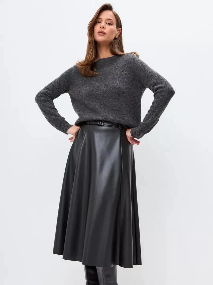 Кожаная длинная юбка миди