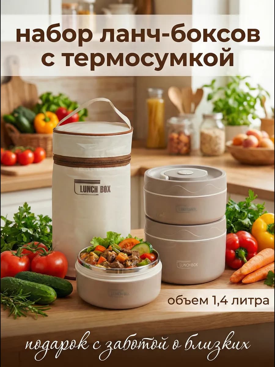 Ланч бокс металлический круглый для еды с термосумкой