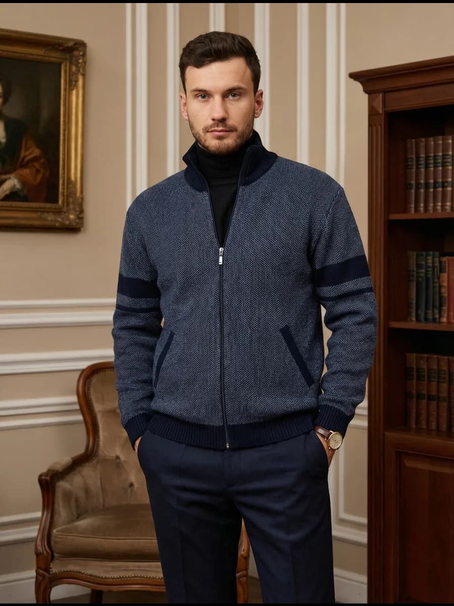 Свитер на молнии вязаный, кофта теплая классическая