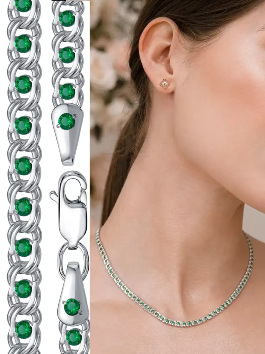 Серебряная цепочка на шею с зелеными фианитами