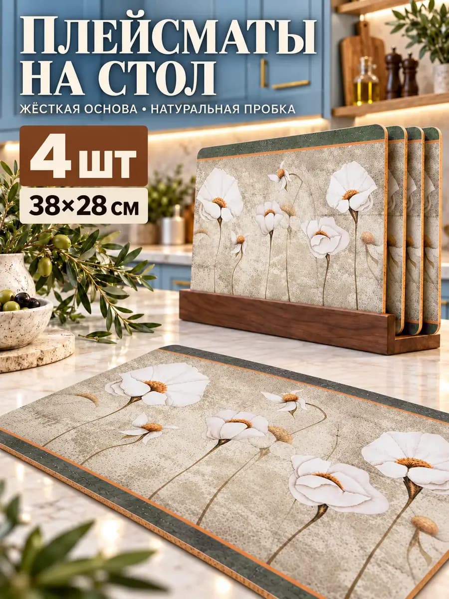 Салфетки на стол под тарелки 38×28 см, 4 шт, Белые маки
