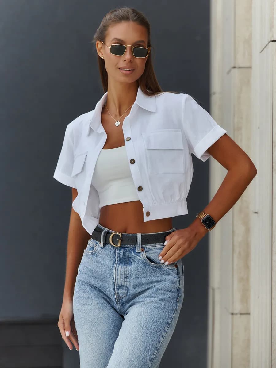 Льняная укороченная рубашка оверсайз - фото 1