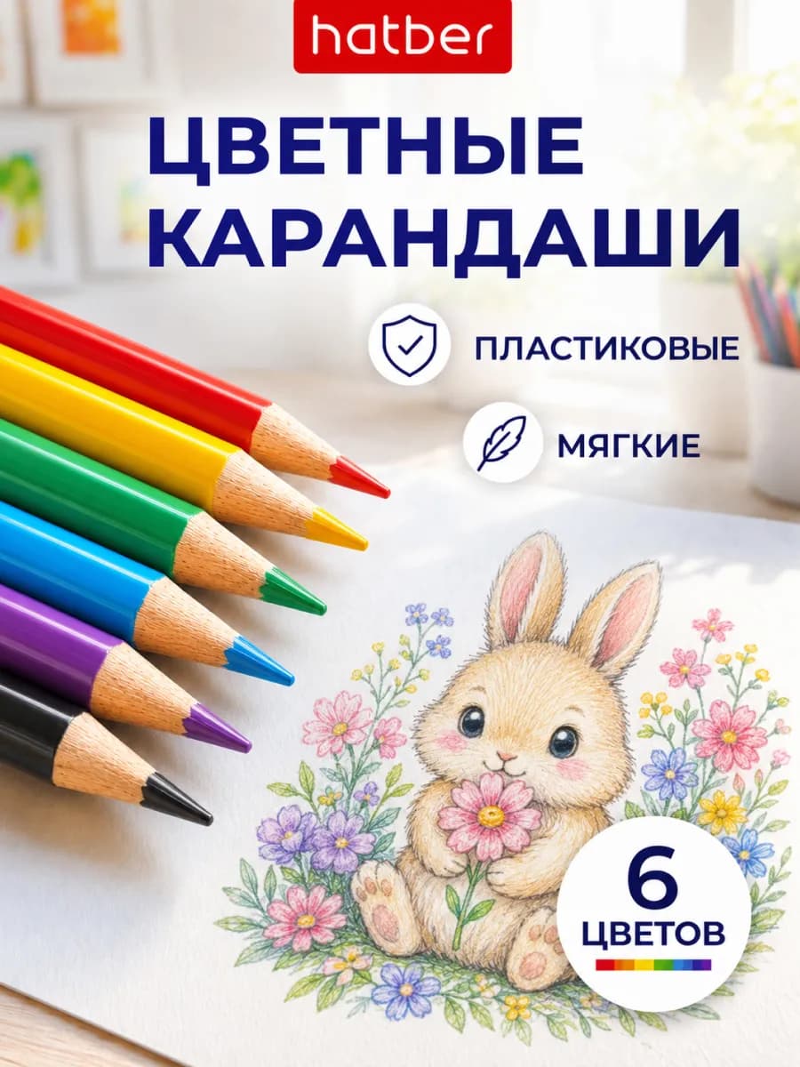 Карандаши цветные для рисования мягкие пластиковые 6 штук