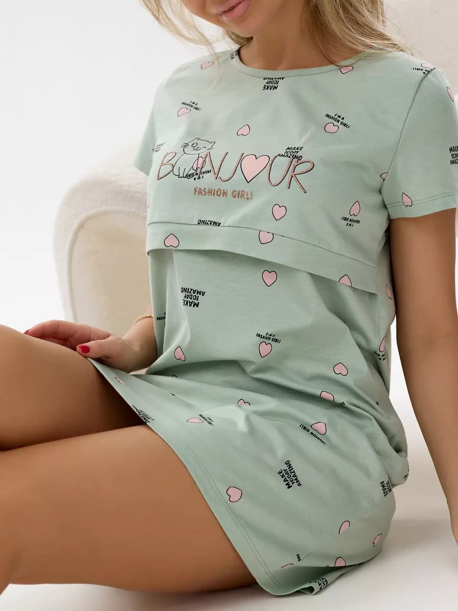 Ночная сорочка с коротким рукавом и рисунком трикотаж