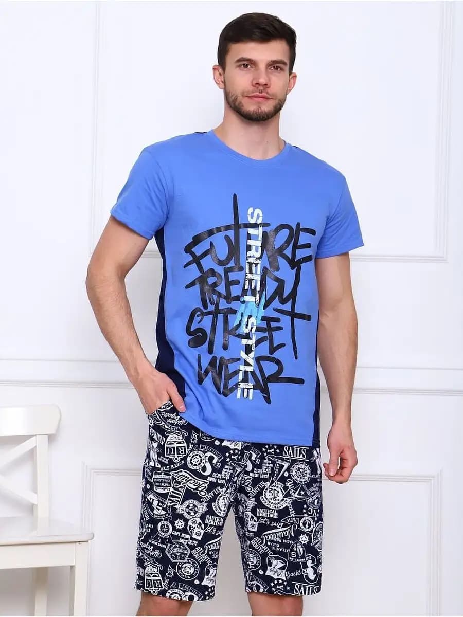 Пижама мужская с шортами и футболкой хлопок