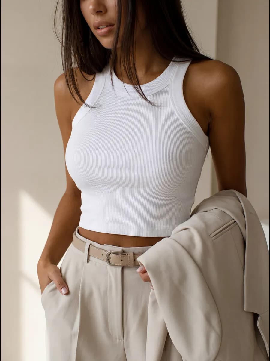 Кроп топ под пиджак летний в рубчик на бретелях