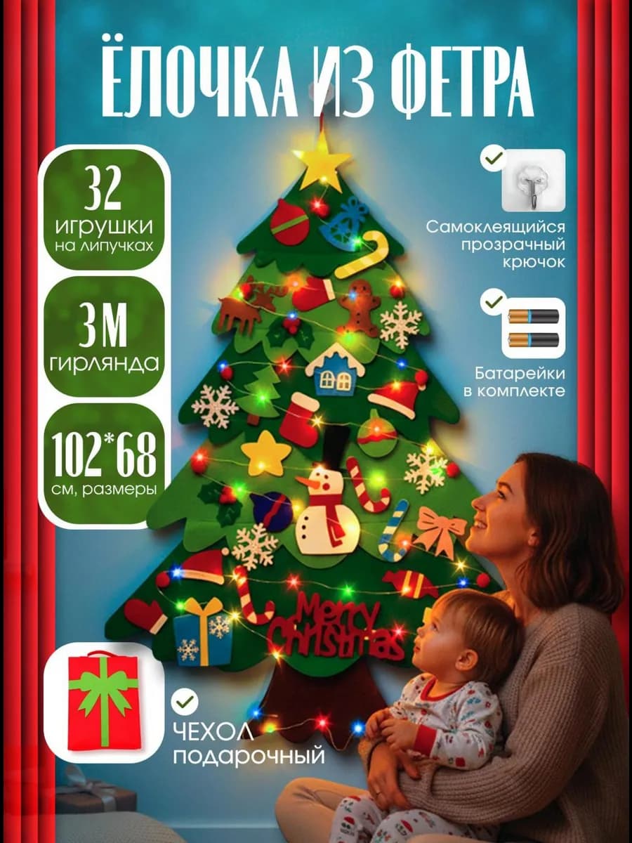 Елка из фетра настенная с игрушками - фото 1