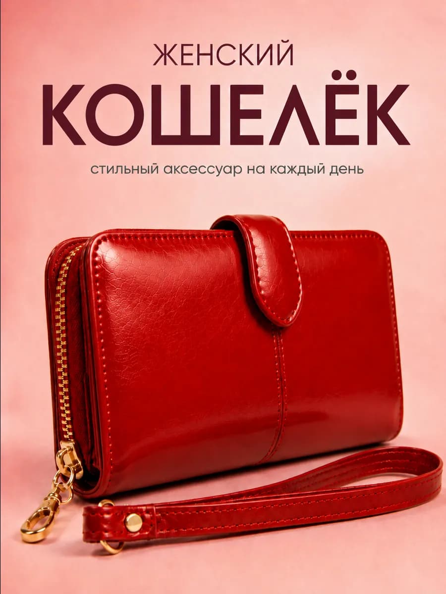 Кошелек кожа большой красный с отделениями под купюры