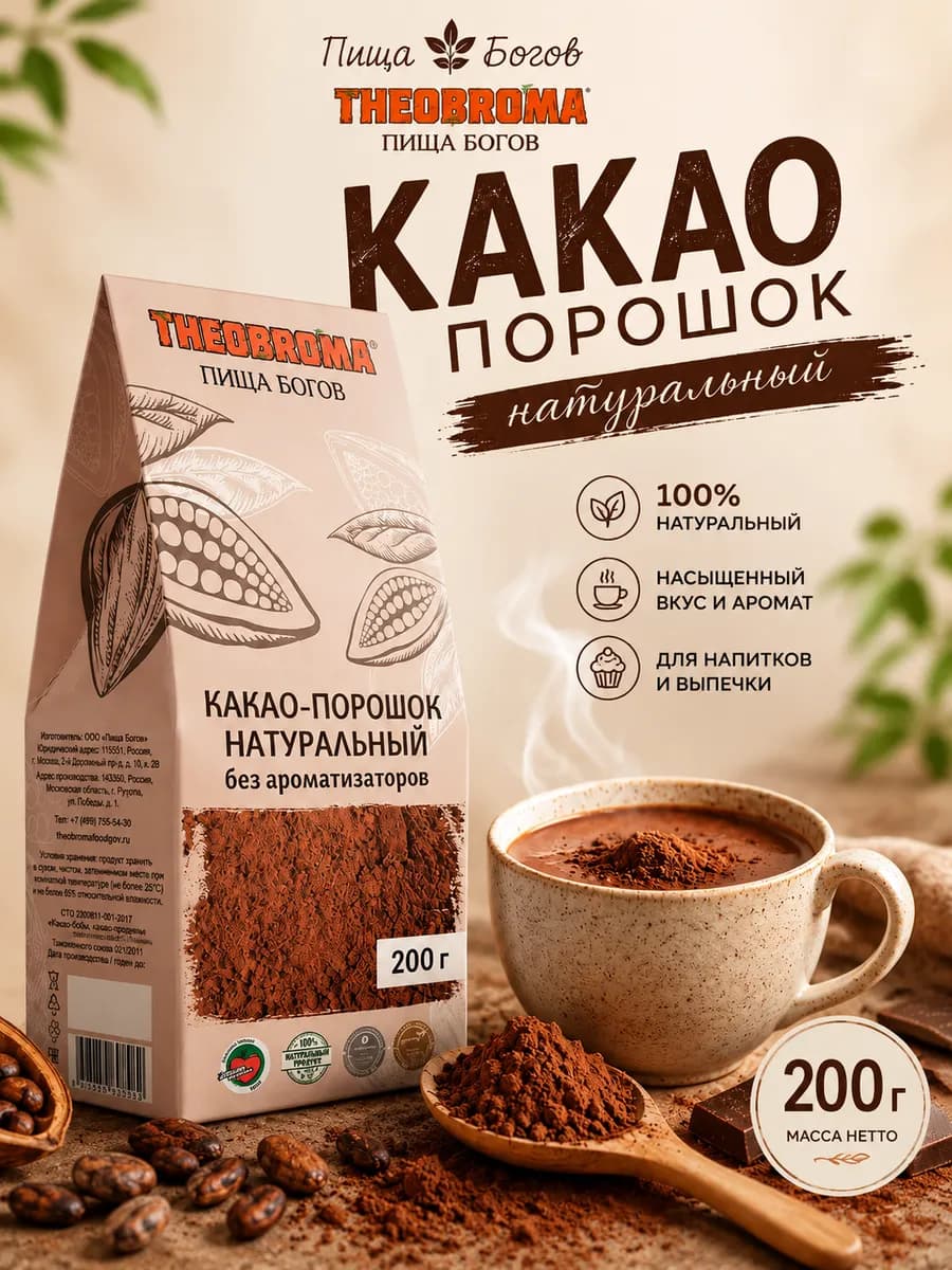 Какао порошок натуральный без сахара 200 г для ПП и выпечки