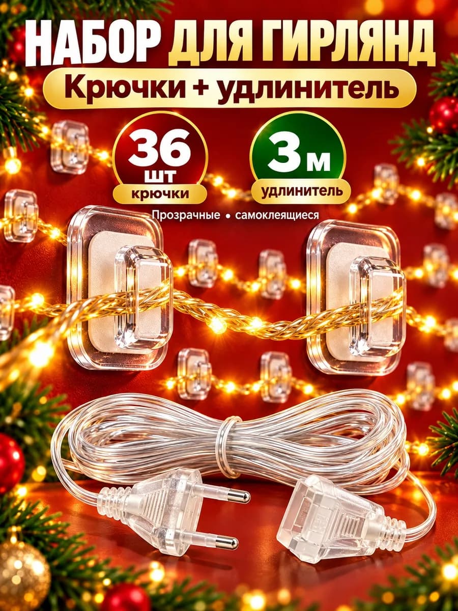 Удлинитель и крючки для гирлянды 18 штук