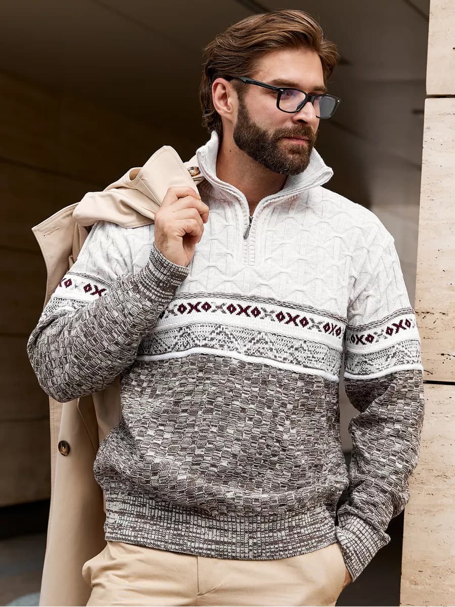 Свитер теплый вязаный на молнии с воротником