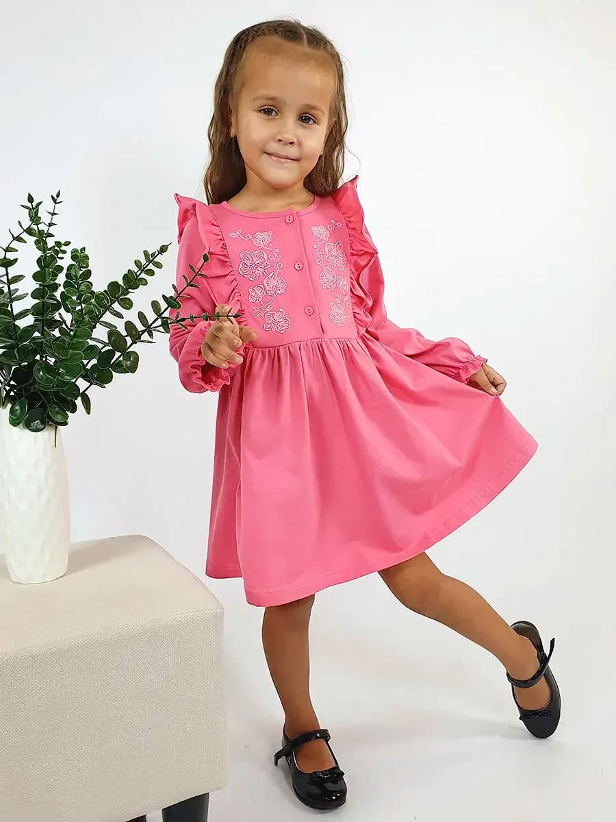 Платье детское с длинным рукавом и вышивкой в садик