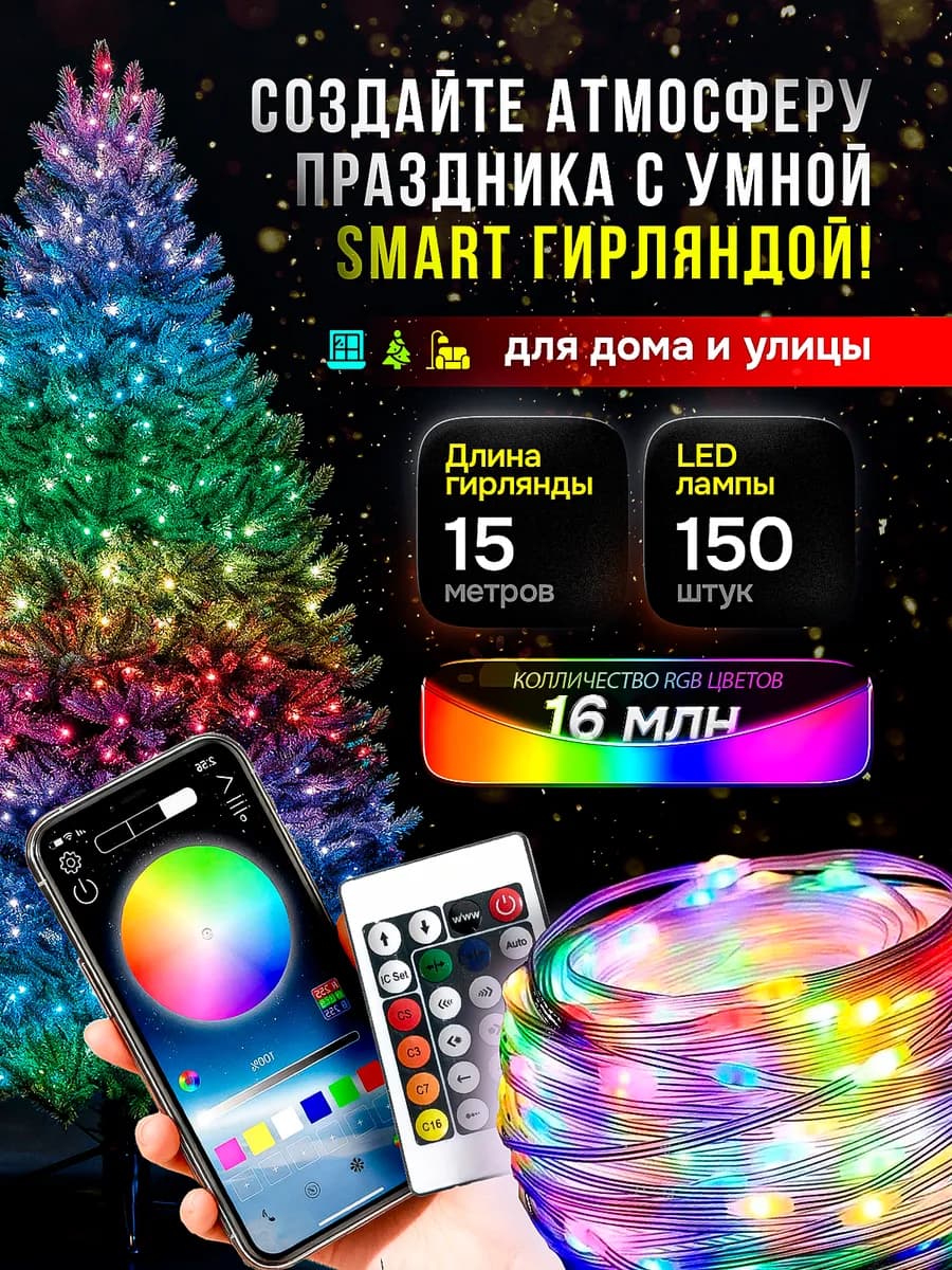 Умная смарт гирлянда 15 метров