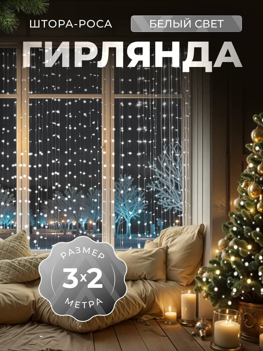 Гирлянда штора на окно 3х2 интерьерная новогодняя