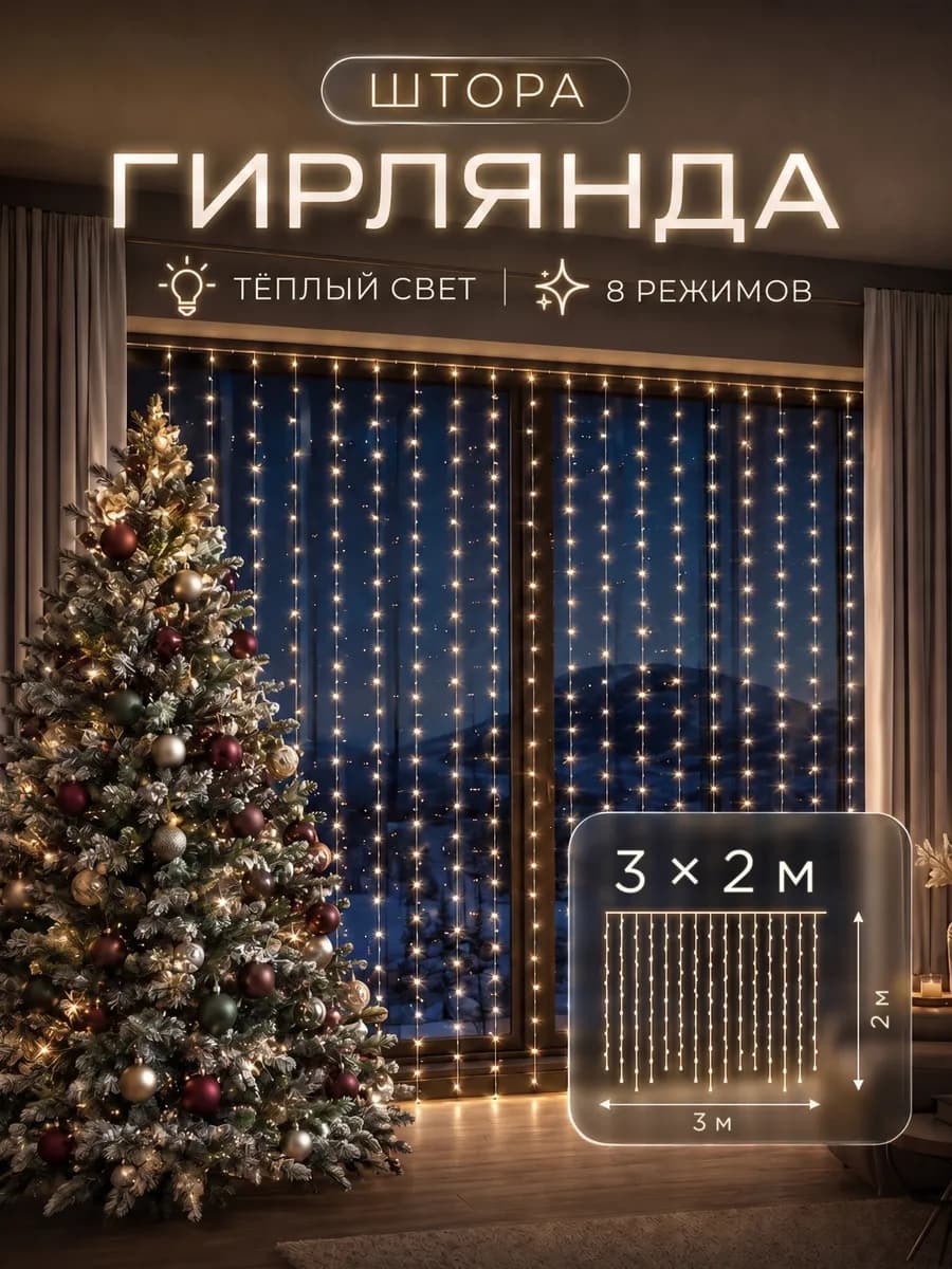 Гирлянда штора на окно 3х2