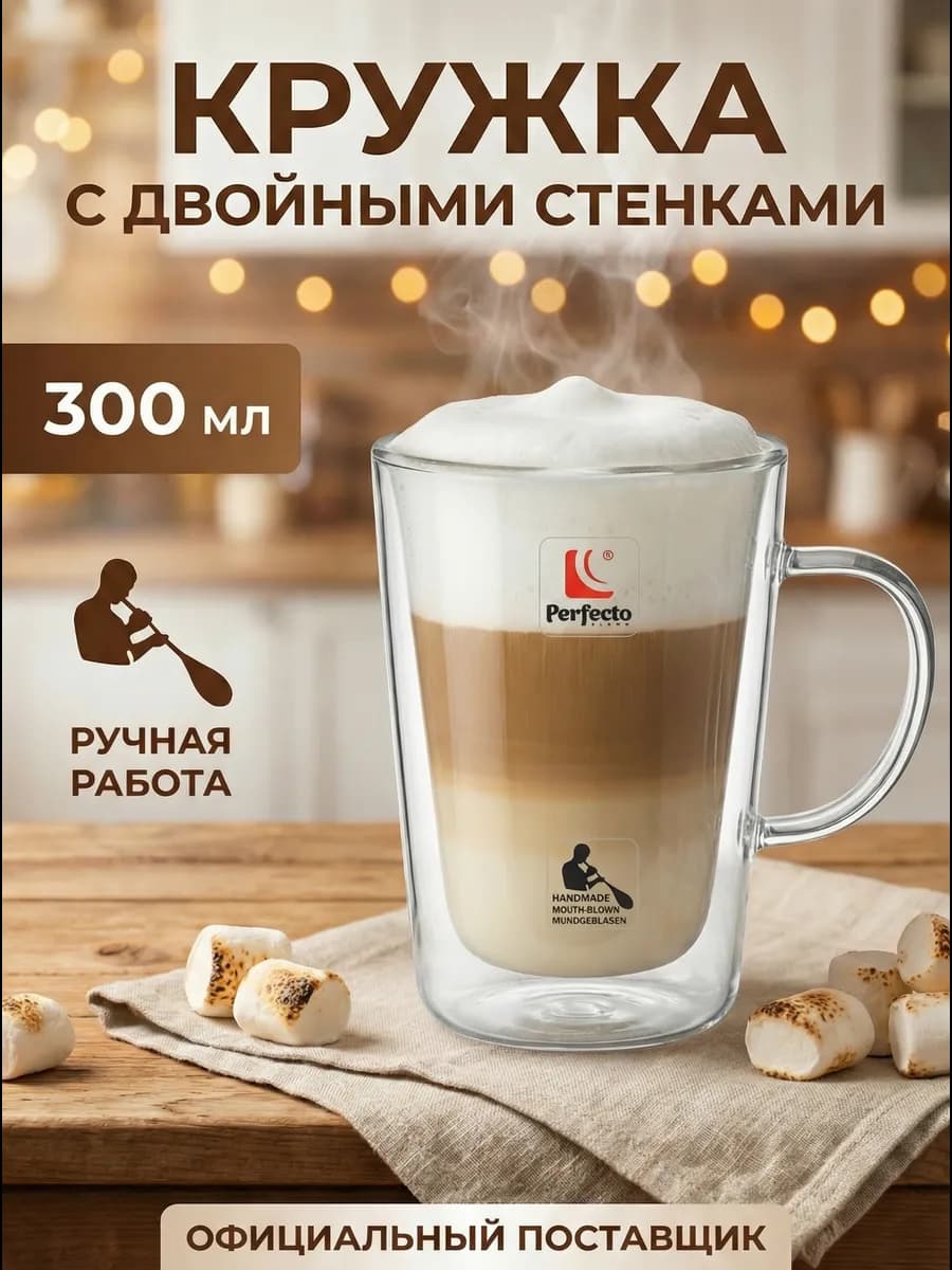 Кружка для чая с двойными стенками и дном прозрачная 300мл