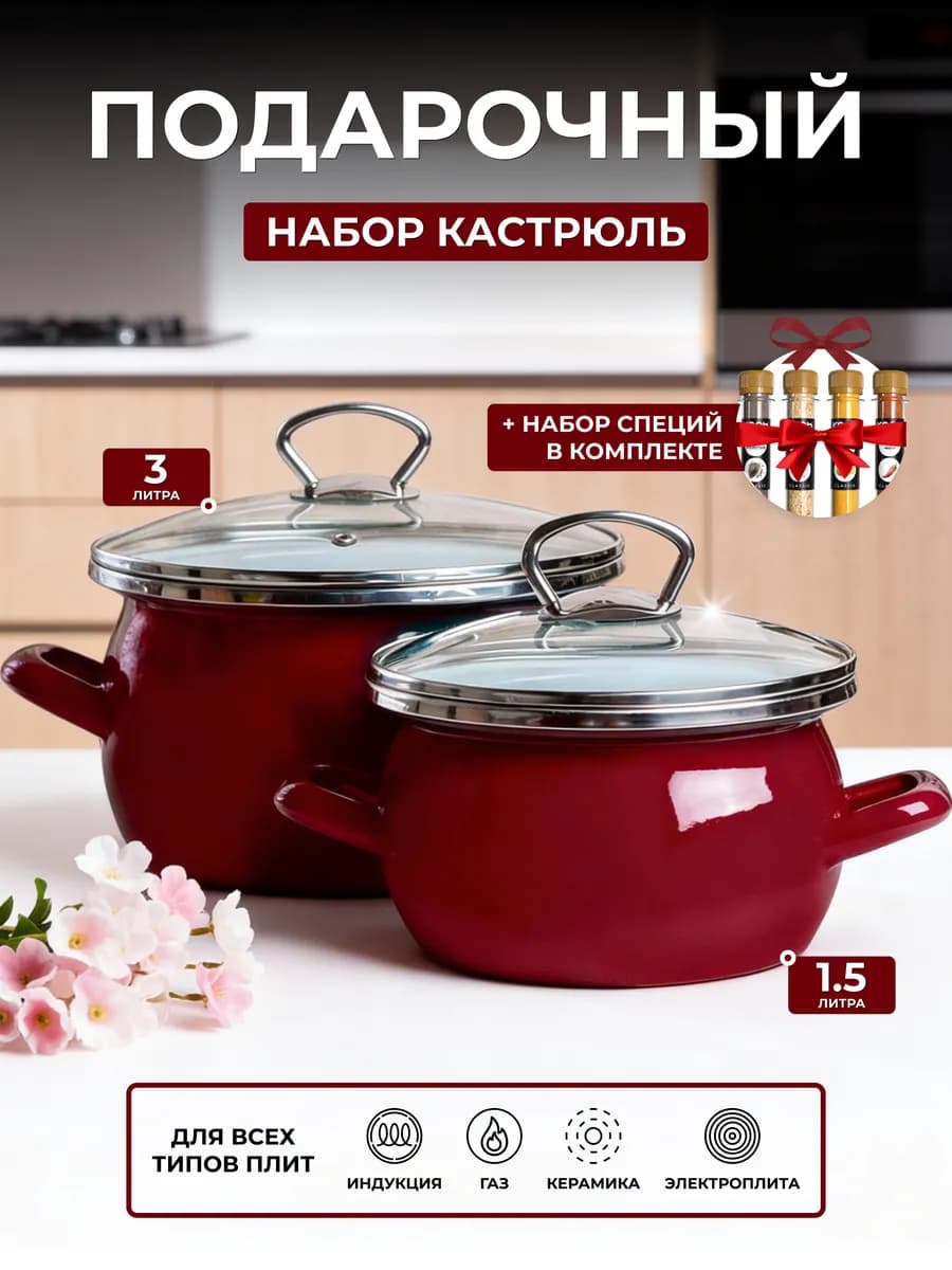 Подарочный набор кастрюль на 8 марта с крышками, 2 шт