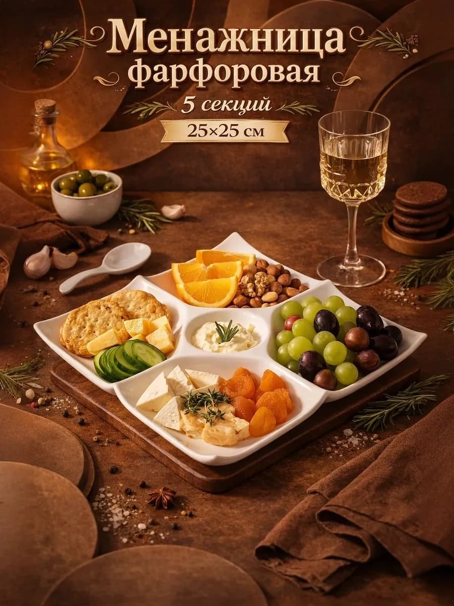 Менажница фарфоровая 5 секций, 25×25 см