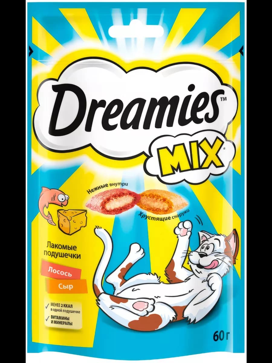 Mix Лакомые подушечки для кошек, с лососем и сыром, 60 г