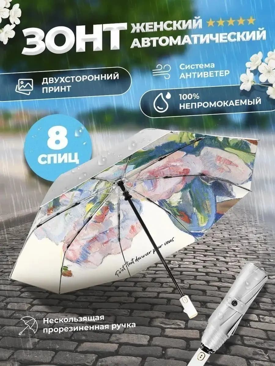 Зонт автомат компактный складной антиветер с принтом 8 спиц