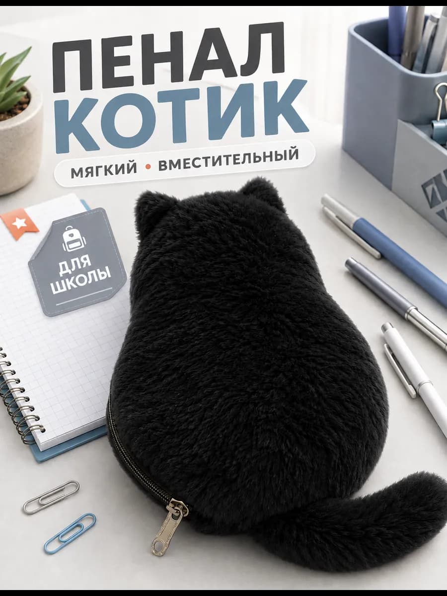 Пенал-котик пушистый школьный для ручек и карандашей
