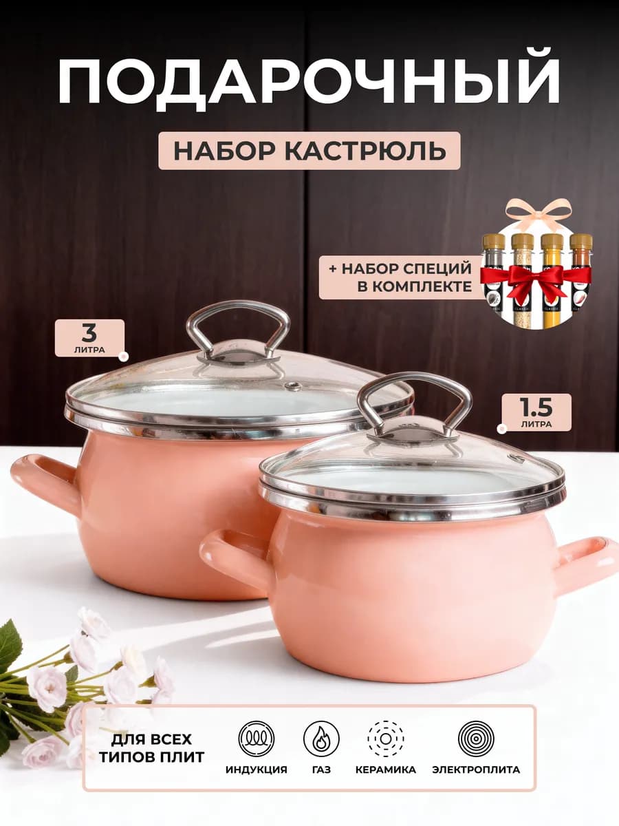 Подарок на 8 марта набор кастрюль с крышками, 2 шт