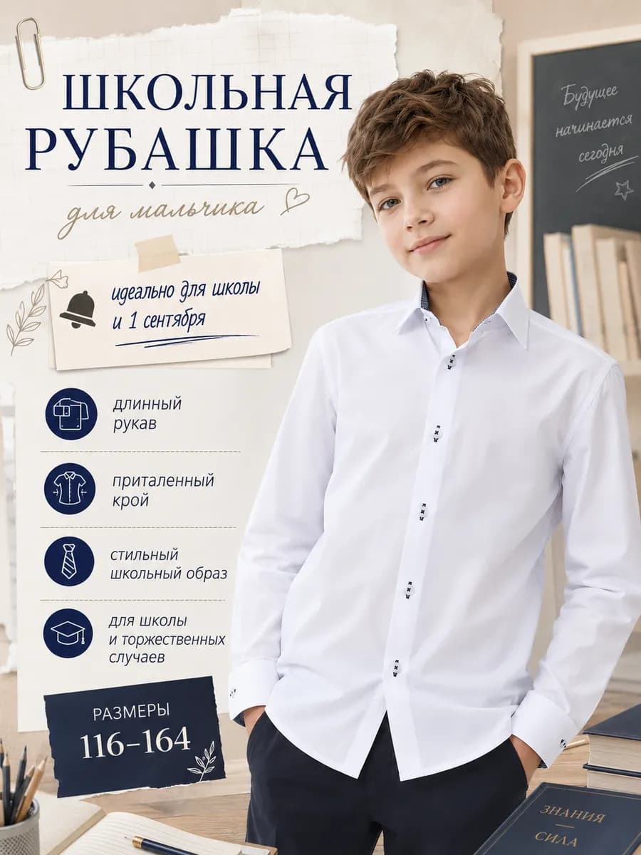Рубашка классическая с длинным рукавом школьная