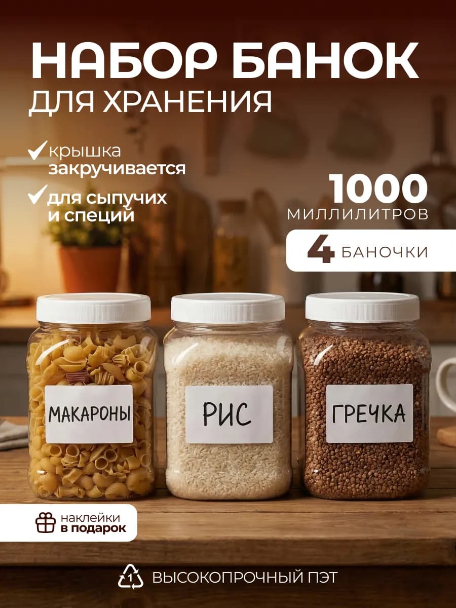 Банки для сыпучих продуктов, специй и круп 4 шт 1000 мл