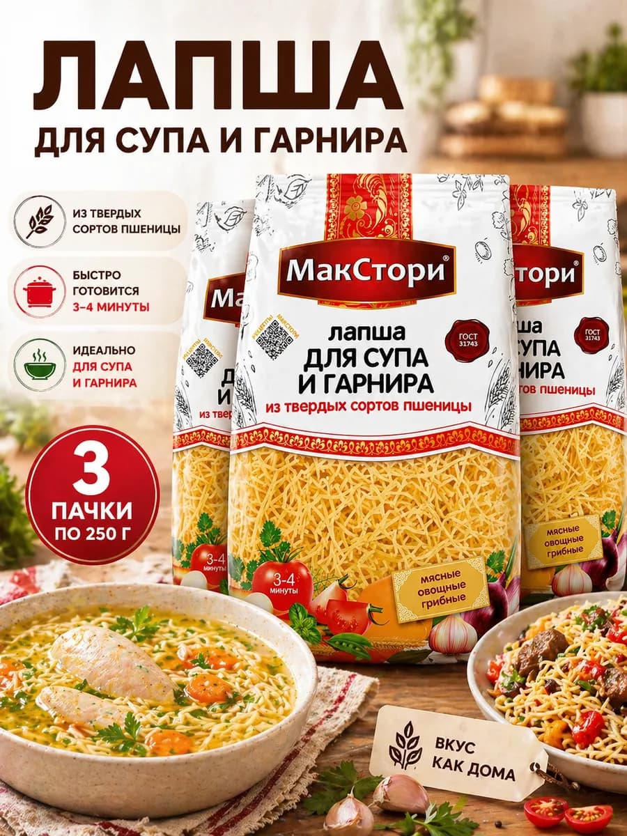 Лапша для супа и гарнира 250 г х3, универсальная