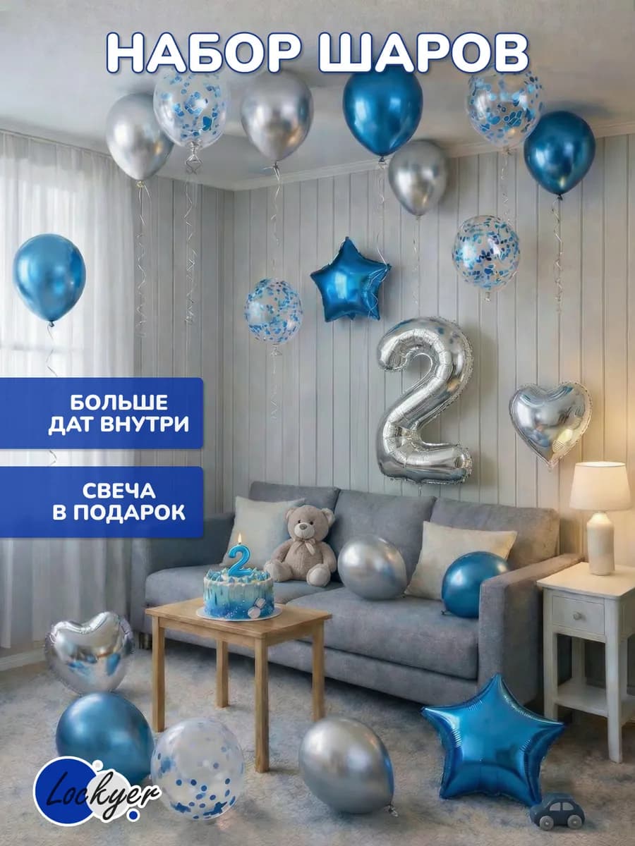 Воздушные шары подарок на день рождения 2 года цифра + свеча