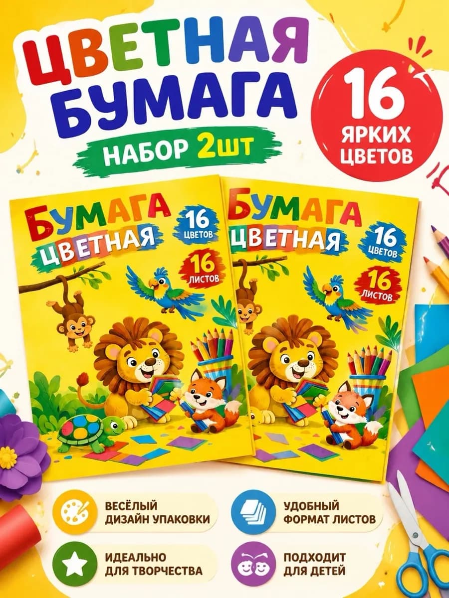 Цветная бумага для школы двусторонняя 16 цветов 32 листа