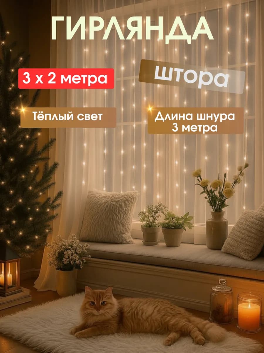 Гирлянда штора 3х2 м жёлтый свет - фото 1