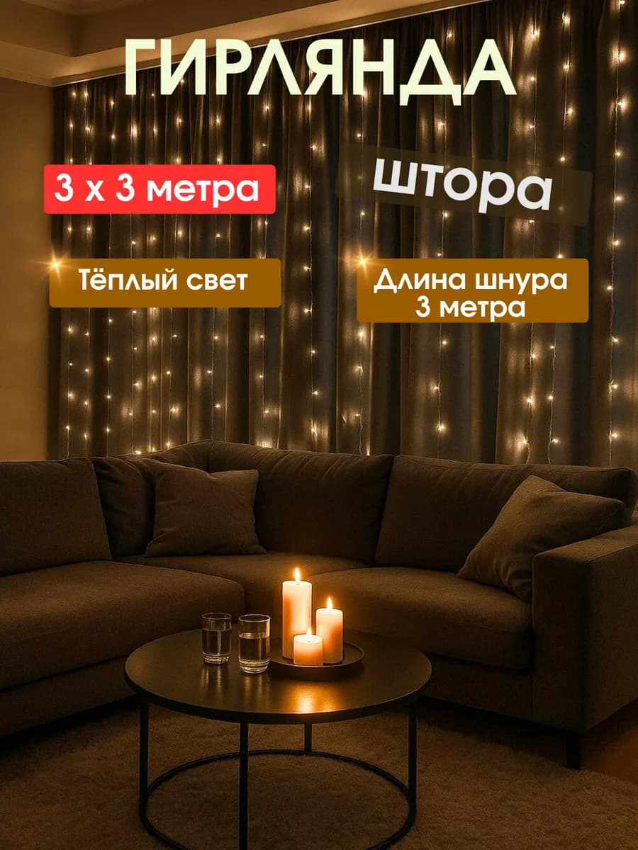Гирлянда штора 3х3 м желтая