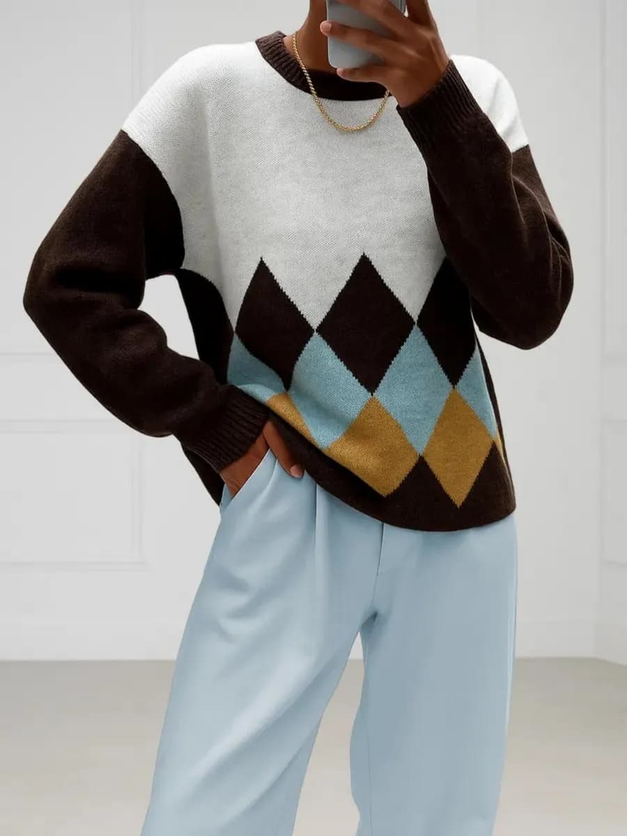 Свитер оверсайз кашемировый с принтом ромбы