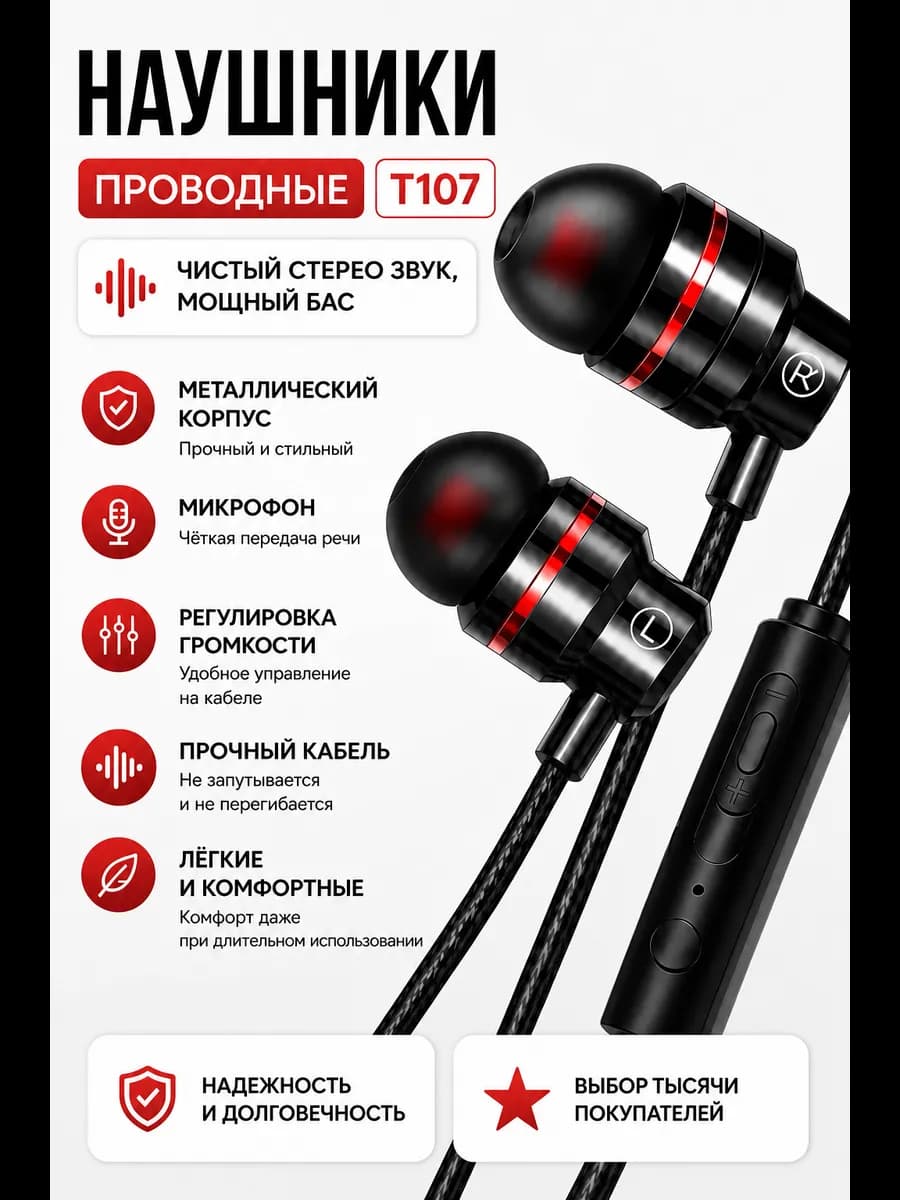 Наушники проводные с микрофоном металлические Т107